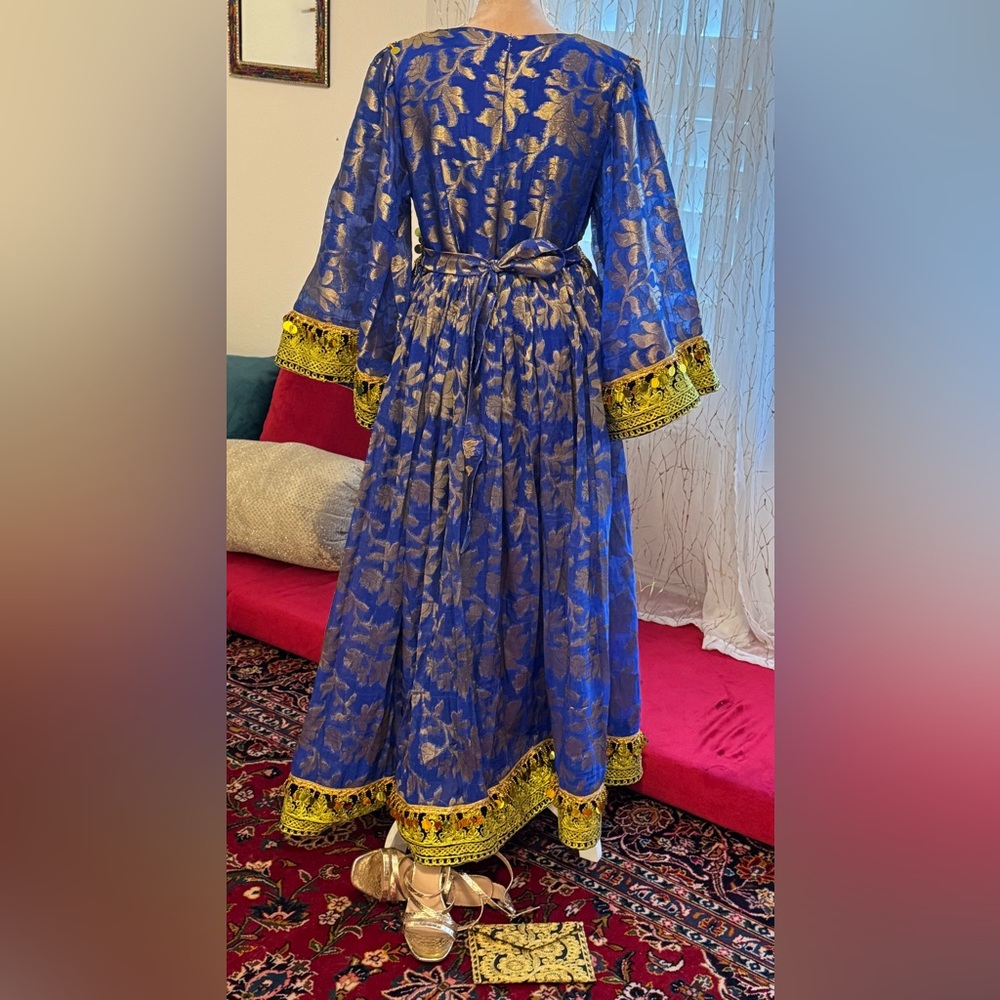 Elegant Blue and Gold Floral Dress